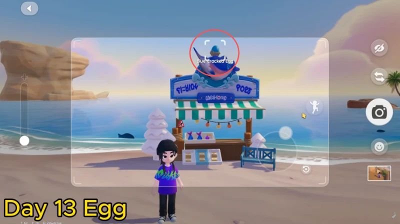 Heartopia Onsen Egg Day 13 Blue Cracked Egg on Fish Stall Roof