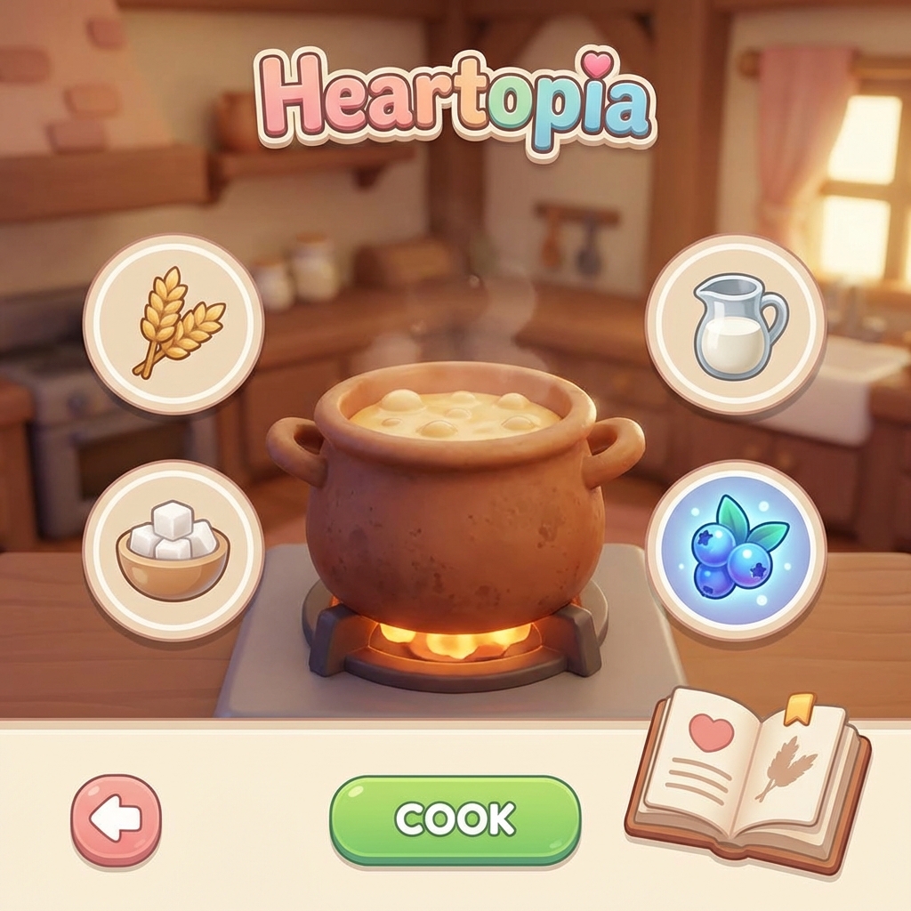 In-game cooking interface showing Frosted Pancake recipe Heartopia ingredients